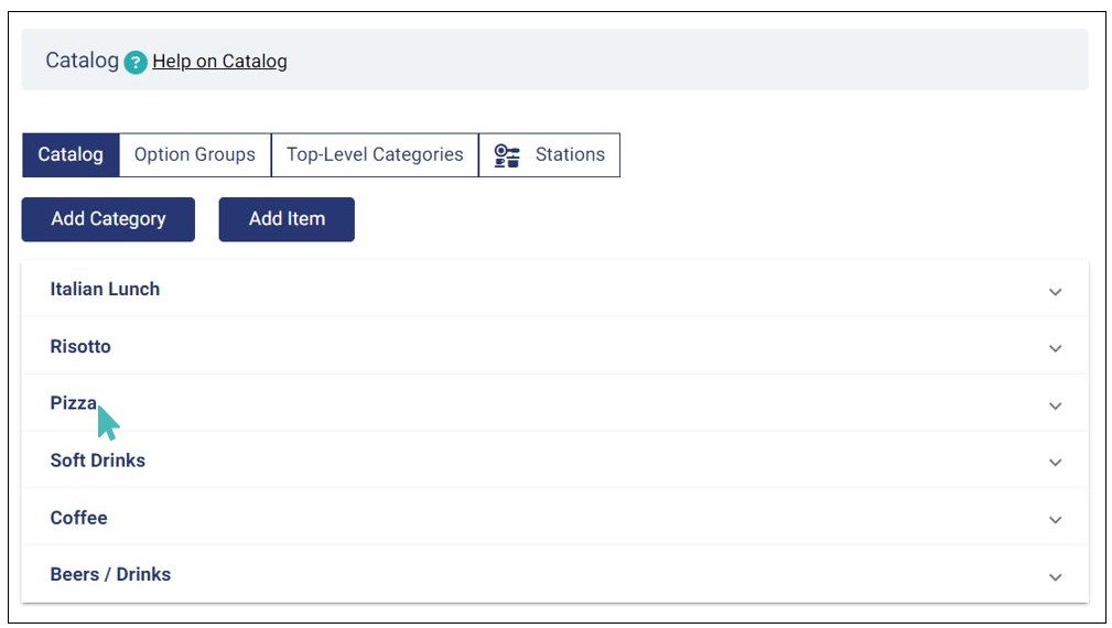 Selecting a category to set product prices